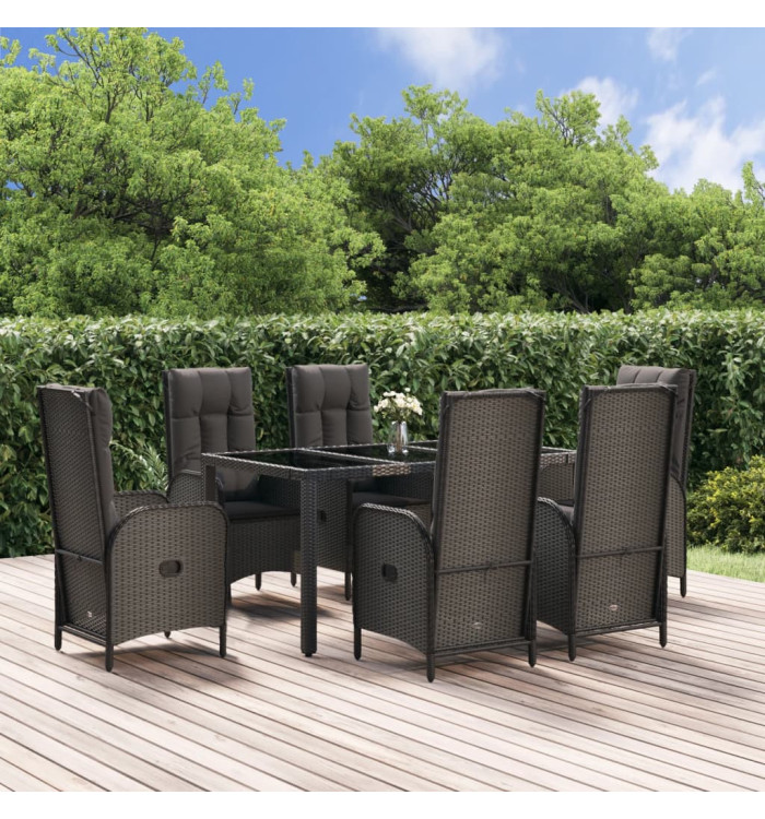 Ensemble à manger jardin et coussins 7 pcs Noir et gris Rotin | Mobilier & Déco