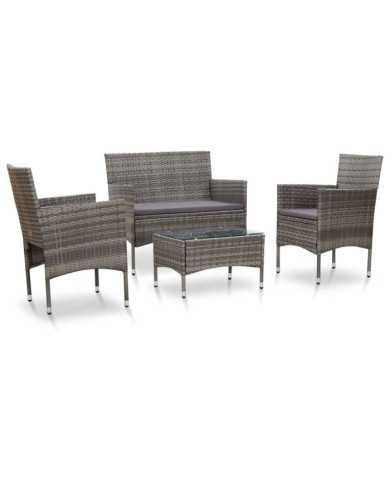 Salon de jardin 4 pcs avec coussins résine tressée gris | Mobilier & Déco