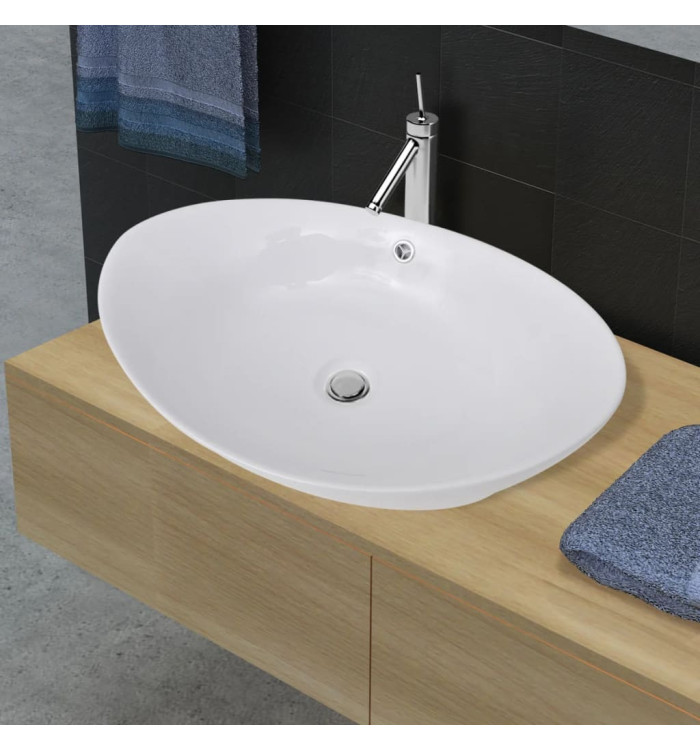 Lavabo ovale en céramique avec trop plein 59 x 38,5 cm | Mobilier & Déco