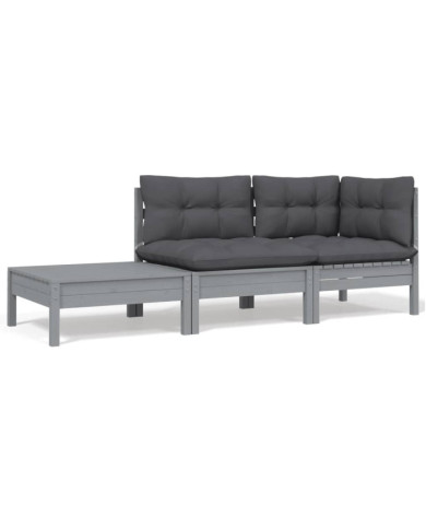 Salon de jardin 3 pcs avec coussins Gris Bois de pin massif | Mobilier & Déco