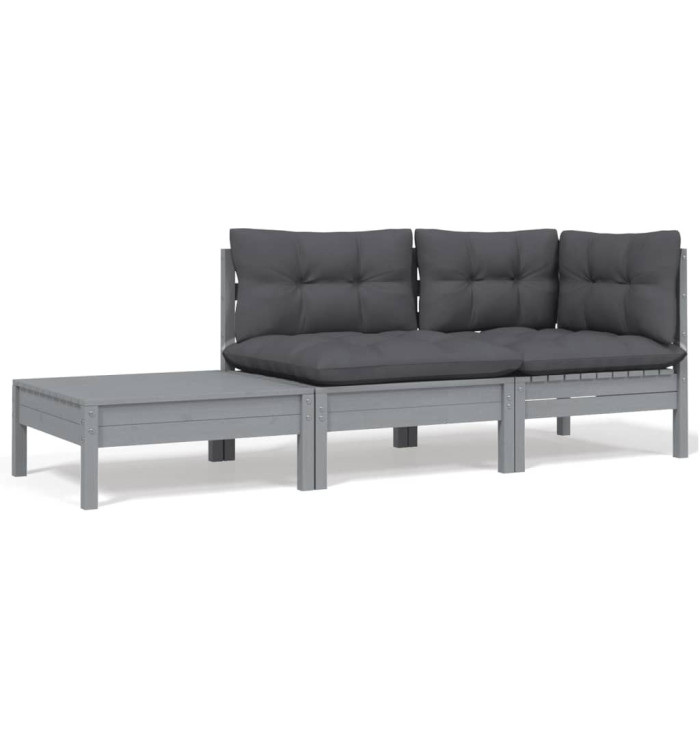 Salon de jardin 3 pcs avec coussins Gris Bois de pin massif | Mobilier & Déco