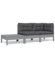 Salon de jardin 3 pcs avec coussins Gris Bois de pin massif | Mobilier & Déco