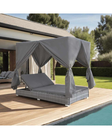 Chaise longue d'extérieur avec rideaux Résine tressée Gris | Mobilier & Déco