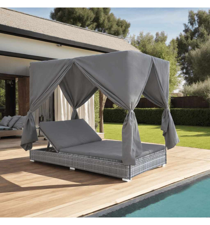 Chaise longue d'extérieur avec rideaux Résine tressée Gris | Mobilier & Déco