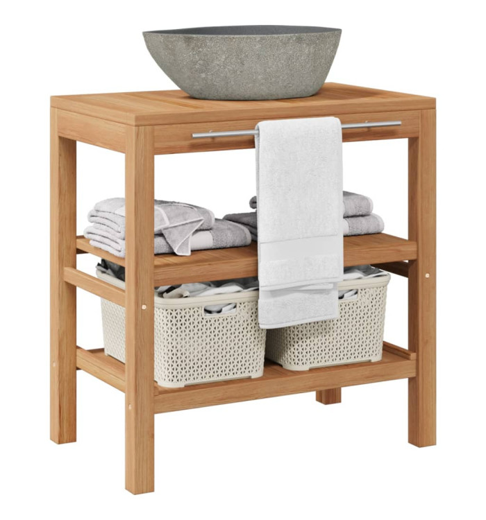 Armoire de toilette Teck solide et lavabo en pierre de rivière | Mobilier & Déco