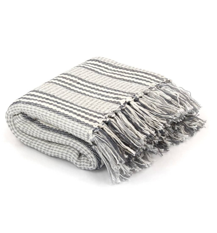 Couverture coton à rayures 160x210 cm Gris et Blanc | Mobilier & Déco
