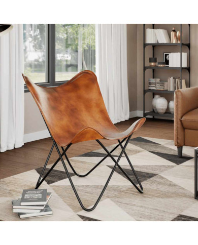 Chaise papillon Marron Cuir véritable | Mobilier & Déco