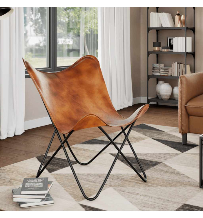 Chaise papillon Marron Cuir véritable | Mobilier & Déco
