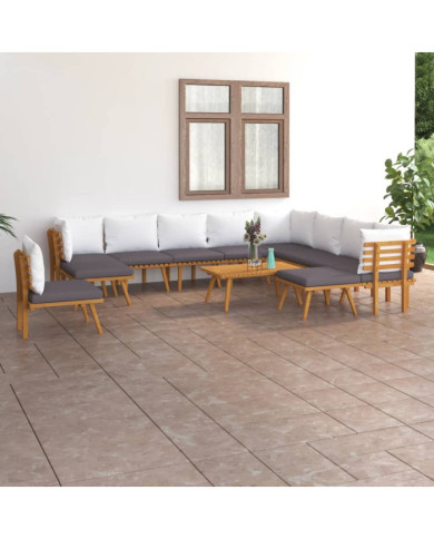 Salon de jardin 12 pcs avec coussins Bois d'acacia solide | Mobilier & Déco
