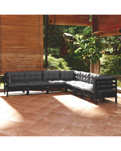 Salon de jardin 7 pcs avec coussins Noir Bois de pin massif | Mobilier & Déco