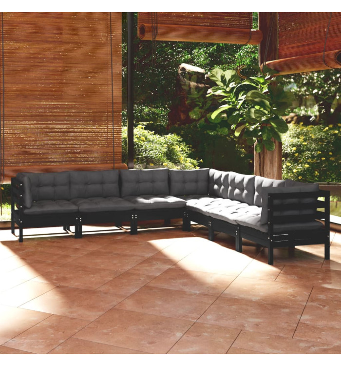 Salon de jardin 7 pcs avec coussins Noir Bois de pin massif | Mobilier & Déco