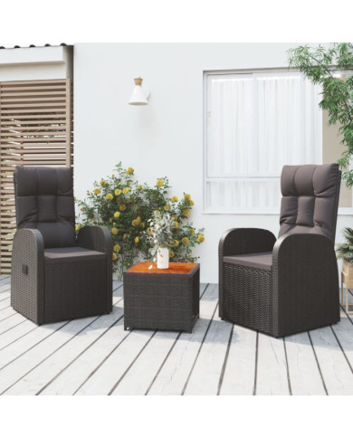 Ensemble de salon de jardin 3 pcs noir poly rotin et acacia | Mobilier & Déco