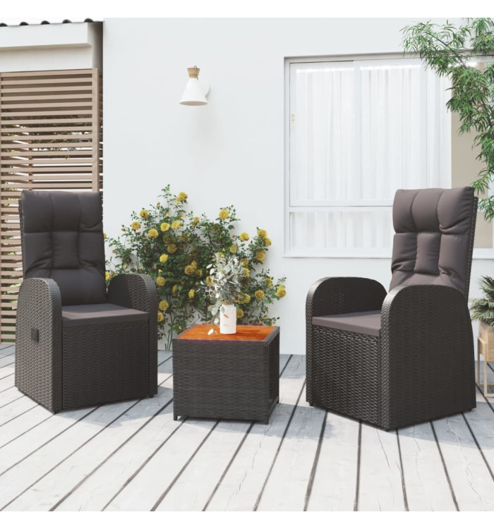 Ensemble de salon de jardin 3 pcs noir poly rotin et acacia | Mobilier & Déco