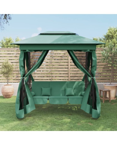 Tonnelle de jardin banc pivotant convertible vert tissu acier | Mobilier & Déco
