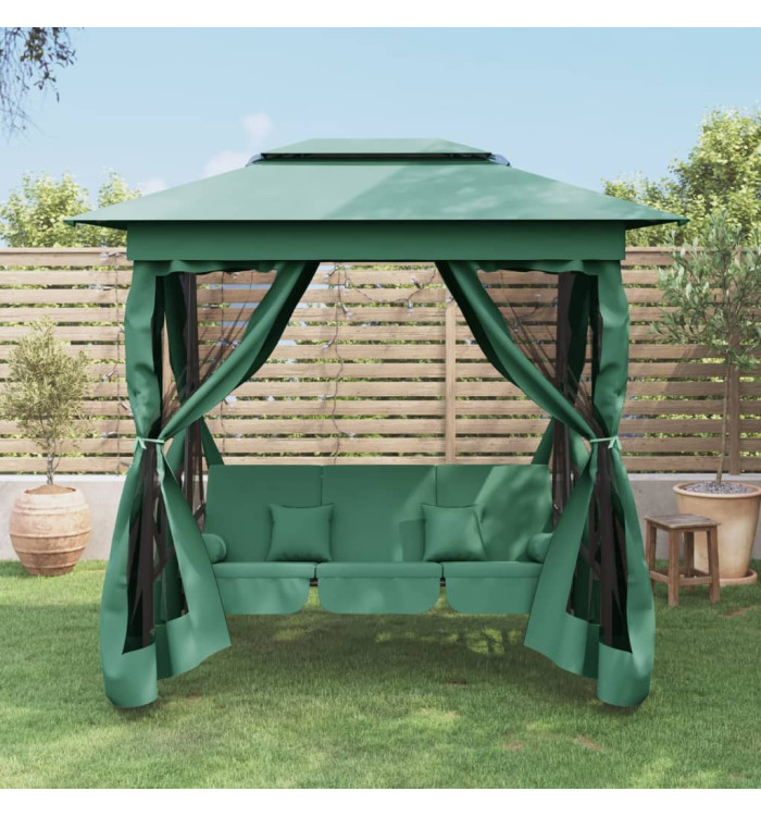 Tonnelle de jardin banc pivotant convertible vert tissu acier | Mobilier & Déco