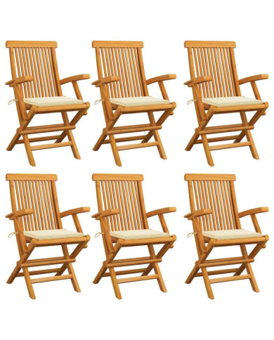 Chaises de jardin avec coussins crème lot de 6 Bois teck massif | Mobilier & Déco