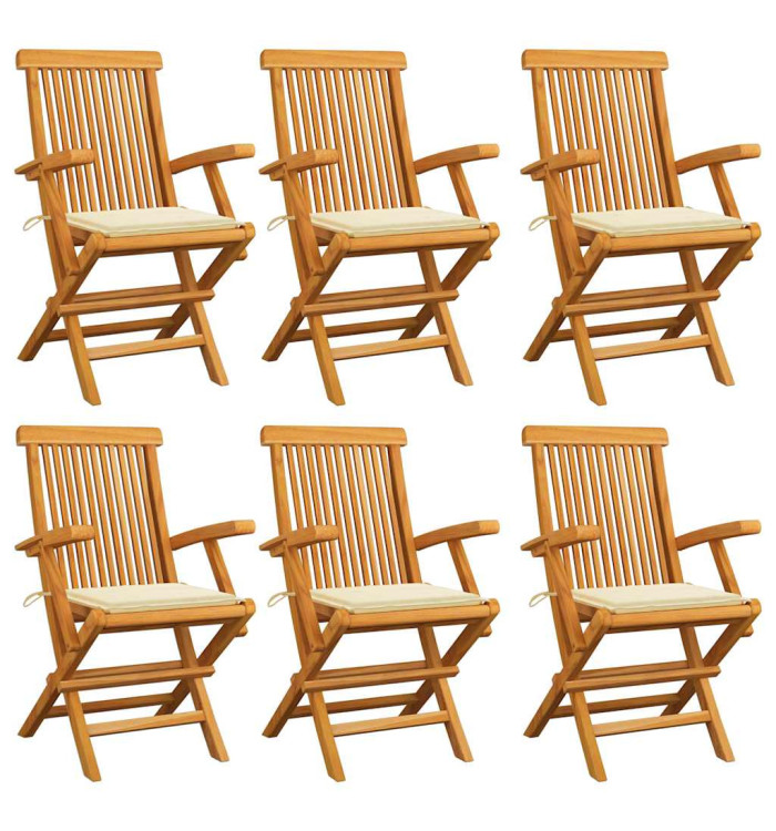 Chaises de jardin avec coussins crème lot de 6 Bois teck massif | Mobilier & Déco