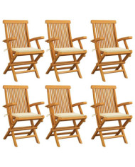 Chaises de jardin avec coussins crème lot de 6 Bois teck massif | Mobilier & Déco