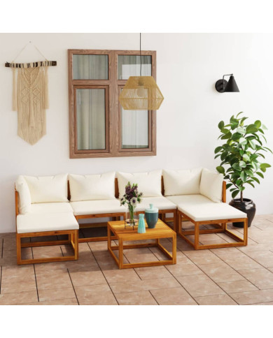 Salon de jardin 7 pcs avec coussin Crème Bois d'acacia solide | Mobilier & Déco
