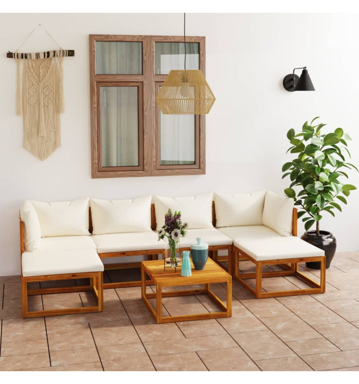 Salon de jardin 7 pcs avec coussin Crème Bois d'acacia solide | Mobilier & Déco