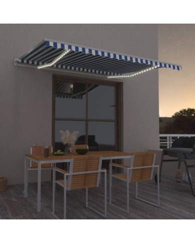 Auvent manuel rétractable avec LED 400x350 cm Bleu et blanc | Mobilier & Déco