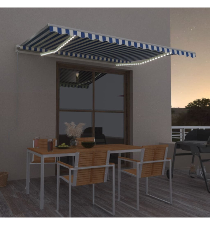 Auvent manuel rétractable avec LED 400x350 cm Bleu et blanc | Mobilier & Déco