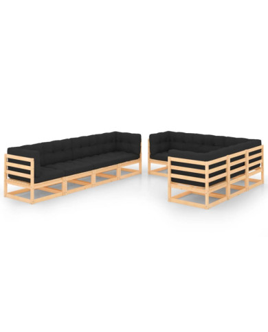 Salon de jardin 9 pcs avec coussins Bois de pin massif | Mobilier & Déco