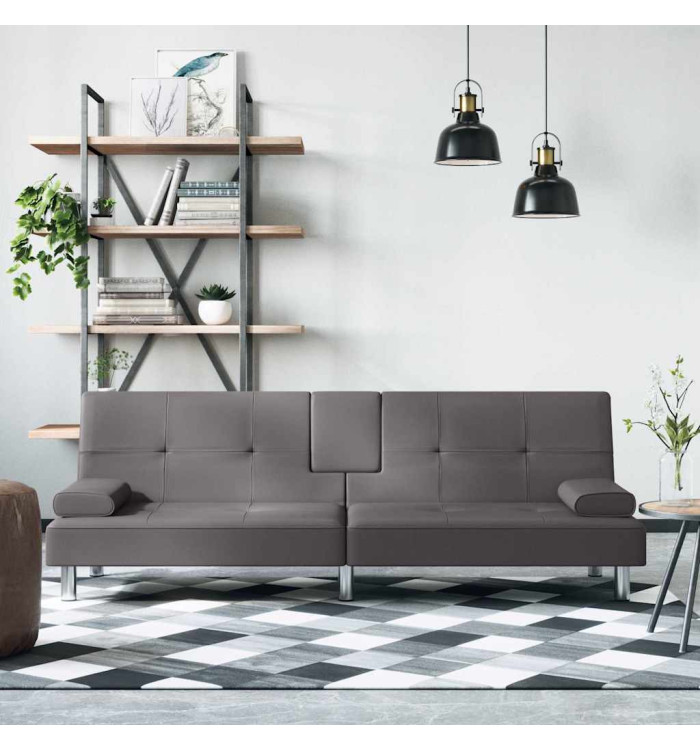 Canapé-lit avec porte-gobelets gris similicuir | Mobilier & Déco