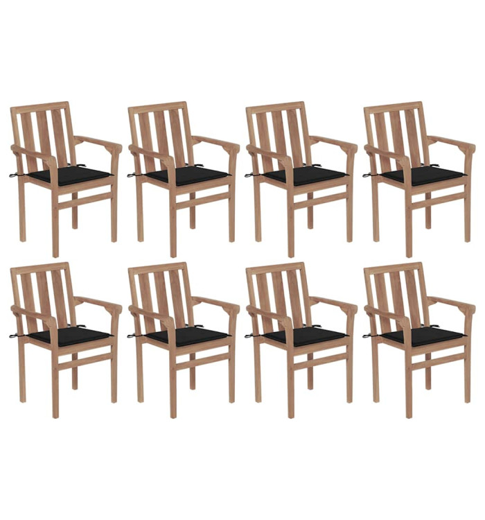 Chaises de jardin empilables avec coussins lot de 8 Teck solide | Mobilier & Déco