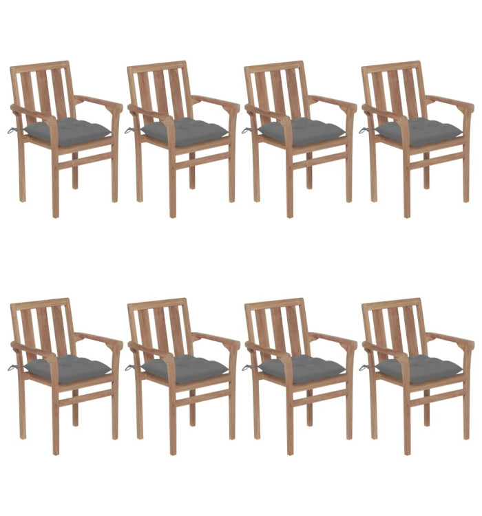 Chaises de jardin empilables avec coussins lot de 8 Teck solide | Mobilier & Déco
