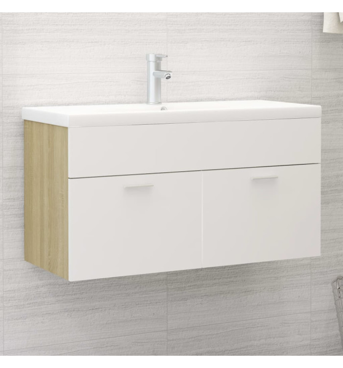 Armoire d'évier et lavabo intégré Blanc et chêne sonoma | Mobilier & Déco