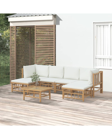 Salon de jardin 7 pcs avec coussins blanc crème bambou | Mobilier & Déco
