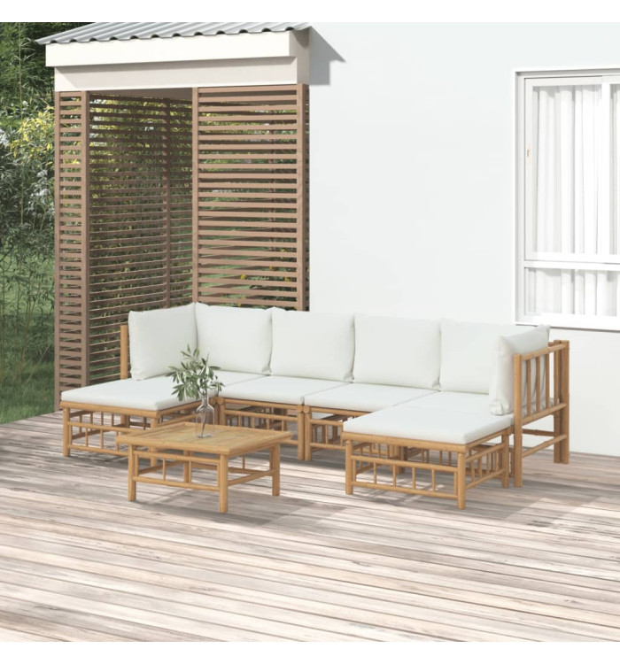 Salon de jardin 7 pcs avec coussins blanc crème bambou | Mobilier & Déco