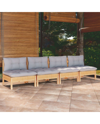 Canapé 4 places de jardin et coussins gris Bois de pin solide | Mobilier & Déco