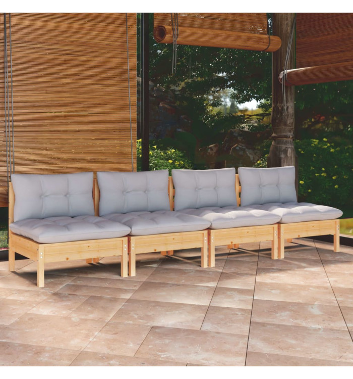 Canapé 4 places de jardin et coussins gris Bois de pin solide | Mobilier & Déco