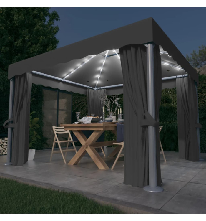 Tonnelle avec rideau et guirlande lumineuse LED 3x3m Anthracite | Mobilier & Déco