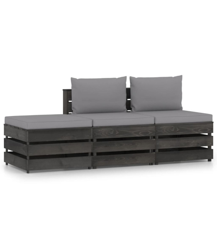 Salon de jardin 3 pcs avec coussins Bois imprégné de gris | Mobilier & Déco