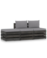Salon de jardin 3 pcs avec coussins Bois imprégné de gris | Mobilier & Déco