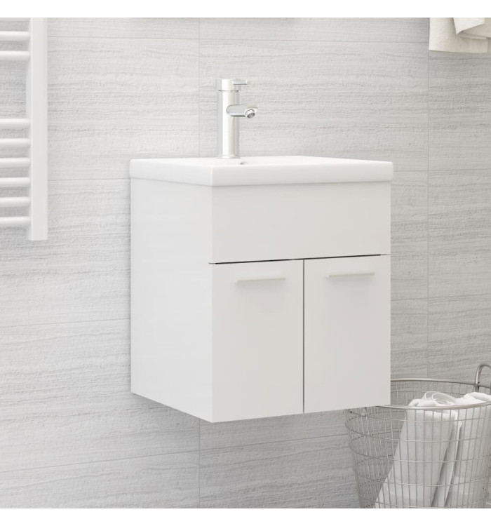 Armoire d'évier lavabo intégré blanc brillant bois d'ingénierie | Mobilier & Déco
