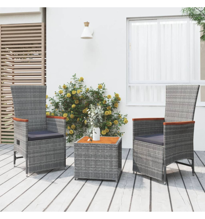 Ensemble de salon de jardin 3 pcs gris poly rotin et acacia | Mobilier & Déco