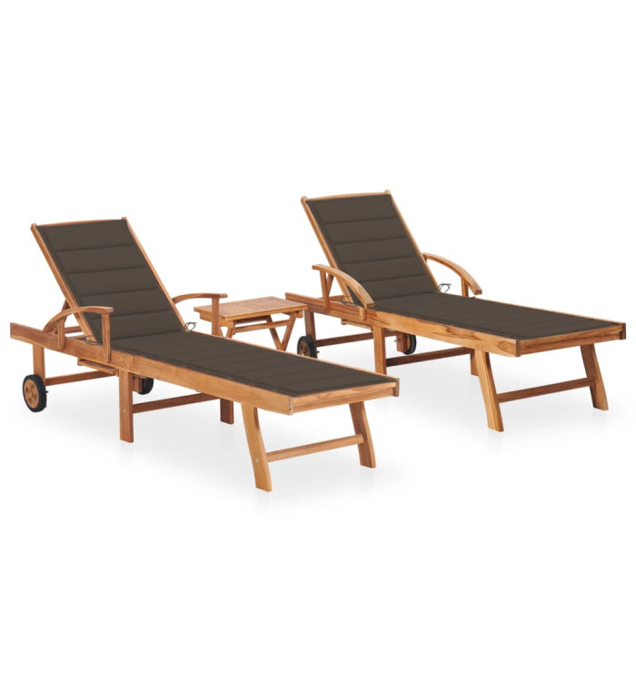 Chaises longues lot de 2 avec table et coussin Bois teck solide | Mobilier & Déco