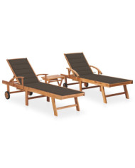 Chaises longues lot de 2 avec table et coussin Bois teck solide | Mobilier & Déco