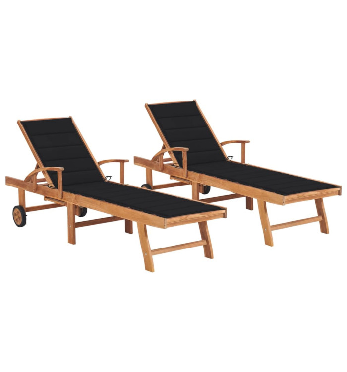 Chaises longues lot de 2 avec coussin noir Bois de teck solide | Mobilier & Déco