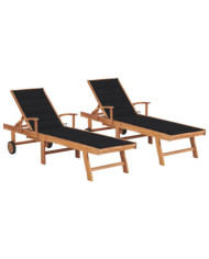 Chaises longues lot de 2 avec coussin noir Bois de teck solide | Mobilier & Déco