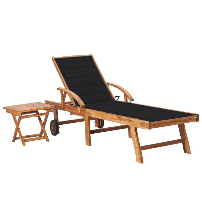 Chaise longue avec table et coussin Bois de teck solide | Mobilier & Déco