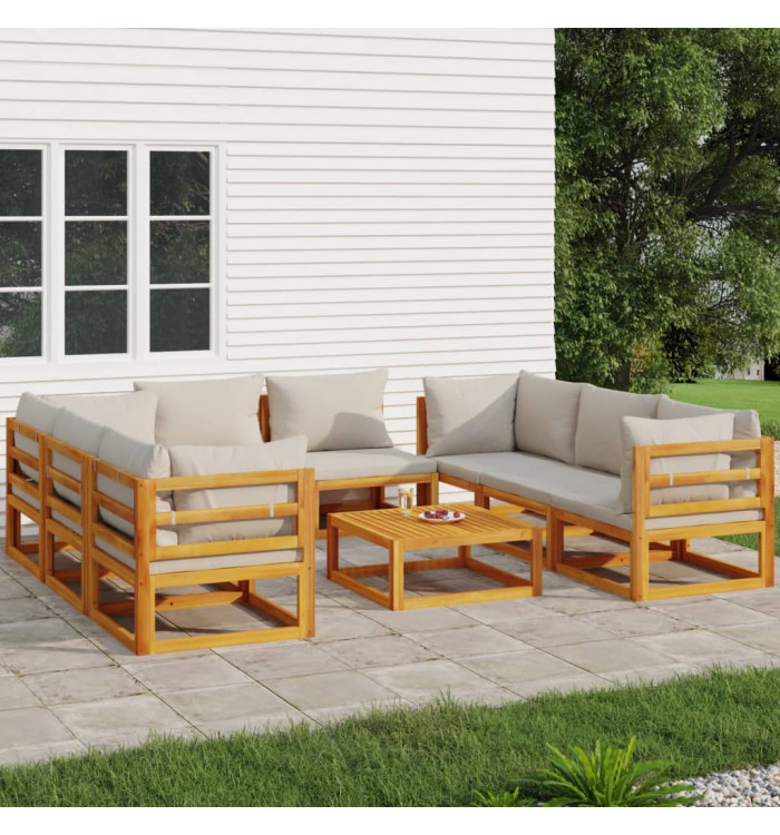 Salon de jardin 9 pcs avec coussins gris clair bois massif | Mobilier & Déco