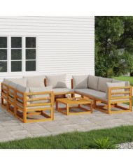 Salon de jardin 9 pcs avec coussins gris clair bois massif | Mobilier & Déco