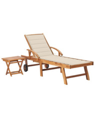 Chaise longue avec table et coussin Bois de teck solide | Mobilier & Déco