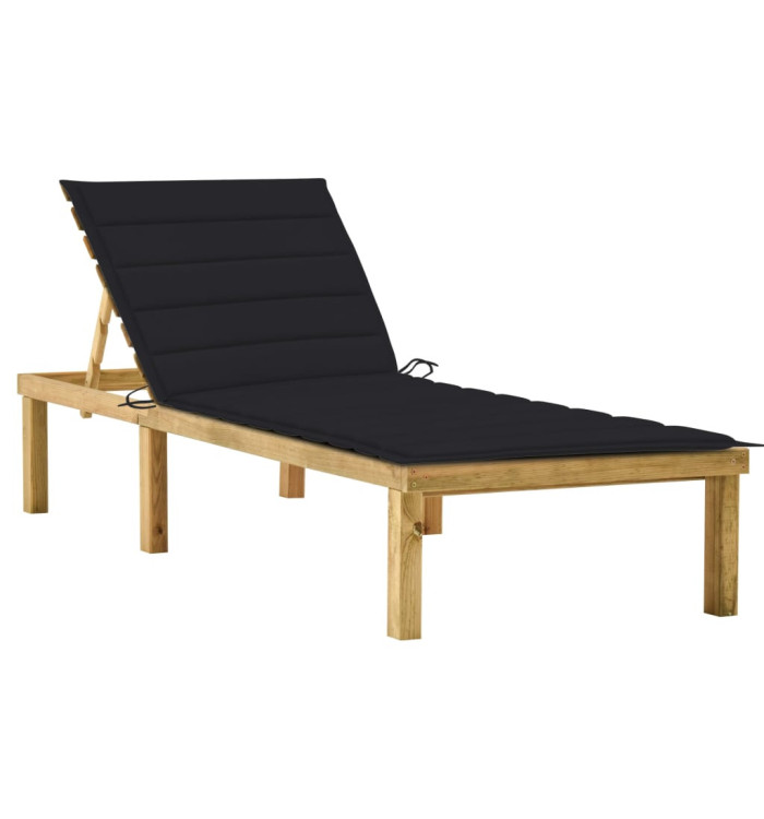 Chaise longue avec coussin noir Bois de pin imprégné | Mobilier & Déco