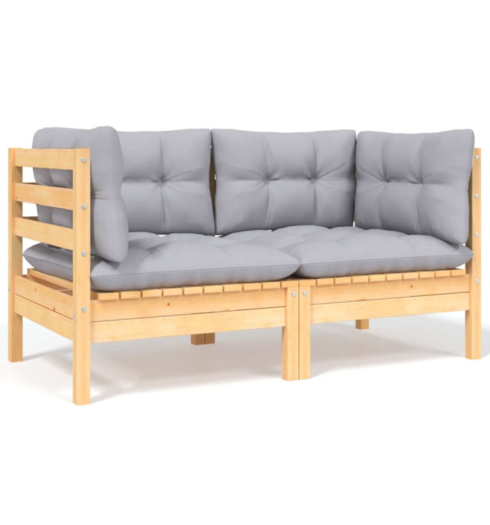 Canapé 2 places de jardin et coussins gris Bois de pin solide | Mobilier & Déco